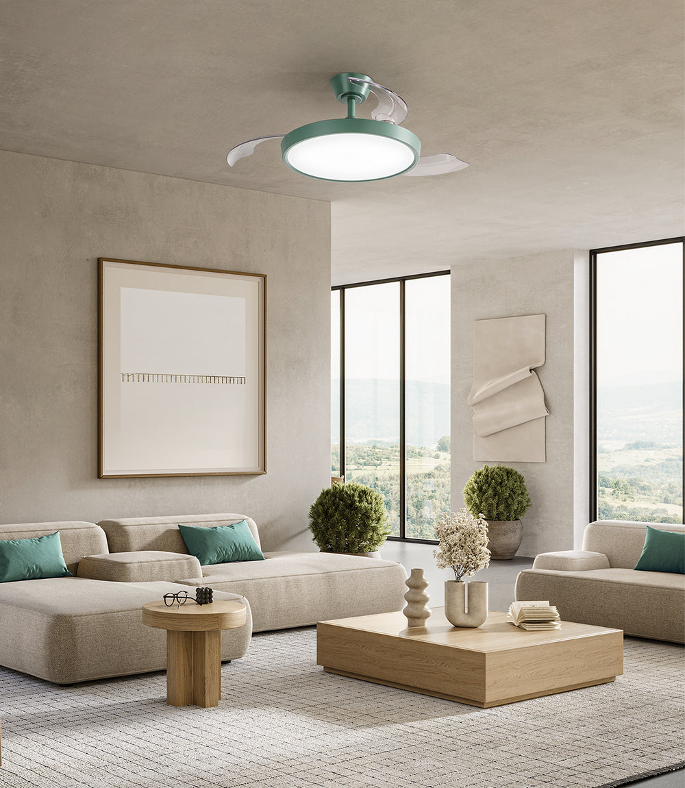 Ventilatore da soffitto a plafoniera con pale richiudibili altezza regolabile