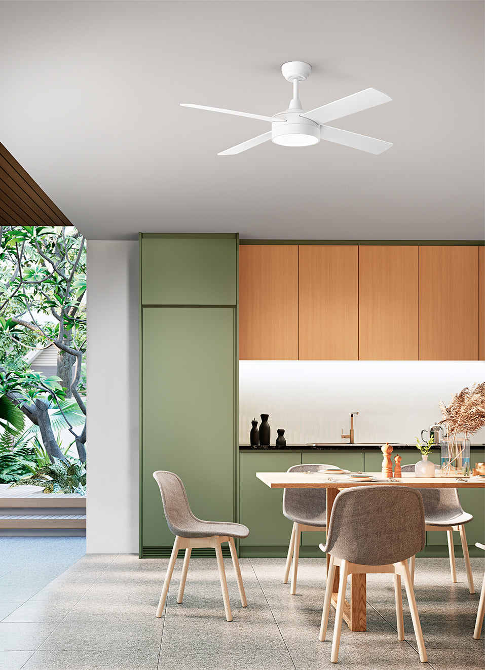 Ventilatore da soffitto con pale bicolore bianco o legno noce chiaro