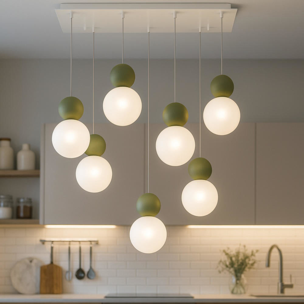 Sospensione rettangolare da cucina moderna sfere 3, 4, 5 o 7 luci G9
