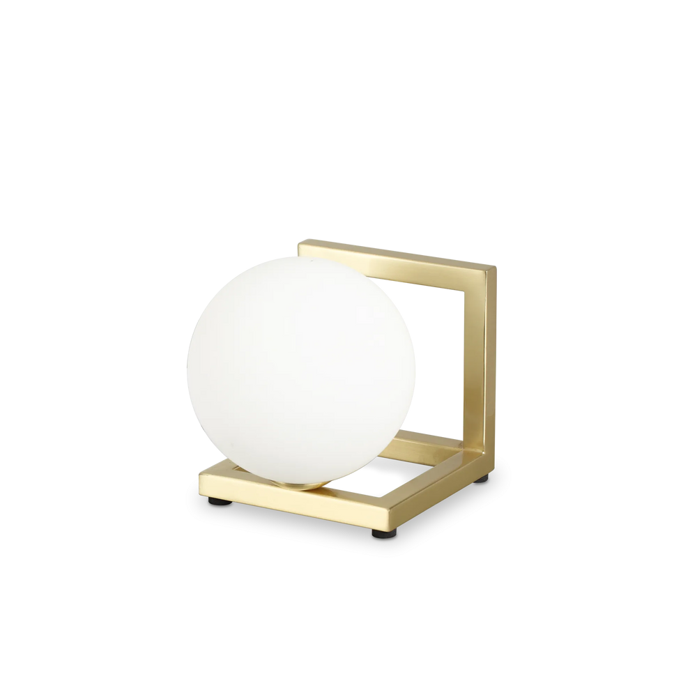 Lampada da tavolo ottone con sfera bianca vetro bianca