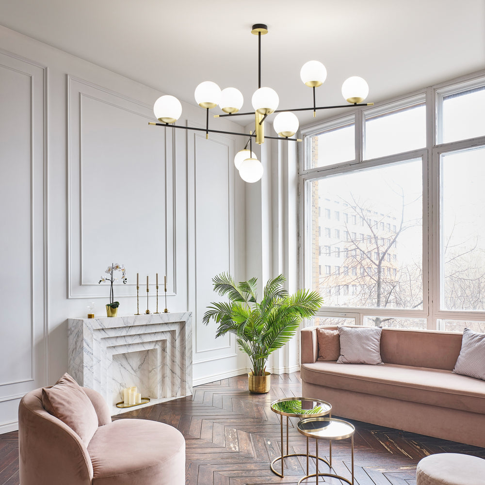 Plafoniera in metallo ottone nero 9 luci a forma di sfera vetro bianco