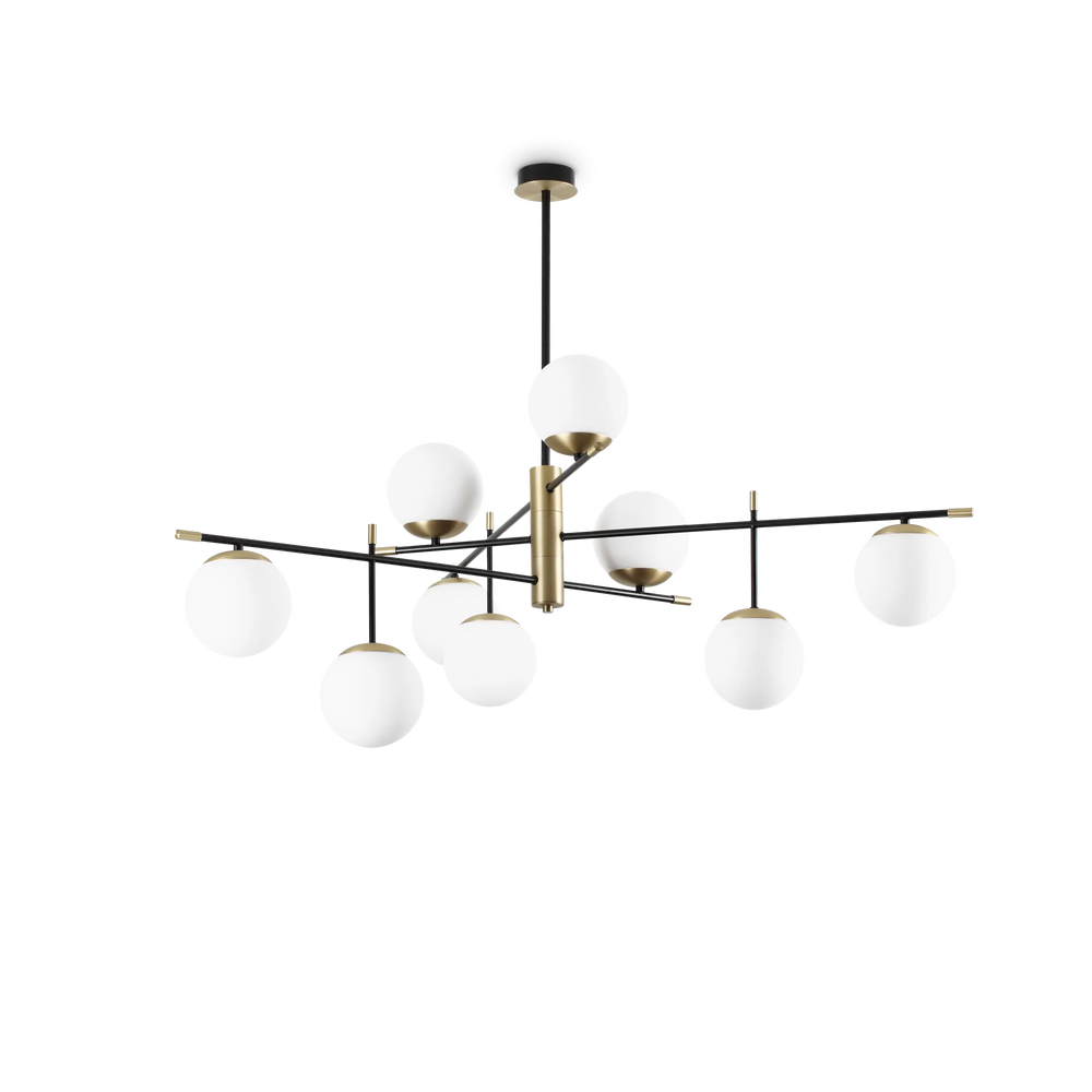 Plafoniera in metallo ottone nero 9 luci a forma di sfera vetro bianco