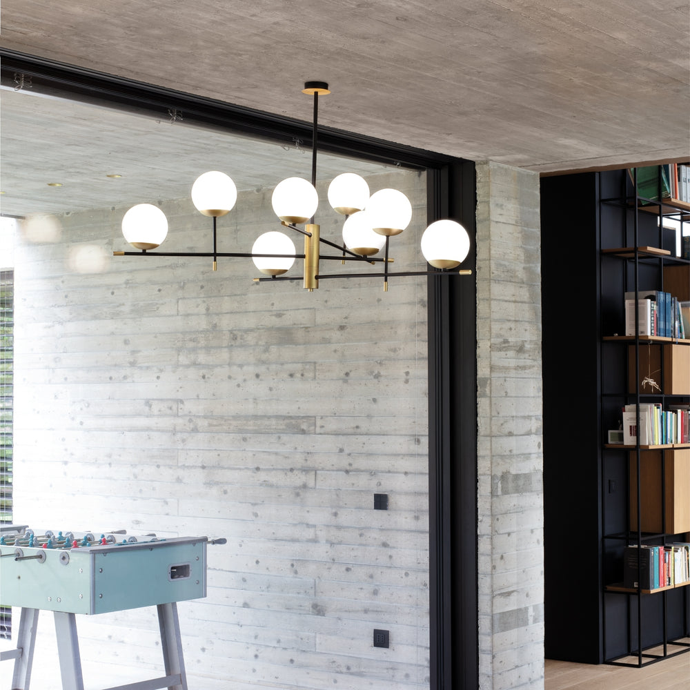 Plafoniera in metallo ottone nero 9 luci a forma di sfera vetro bianco