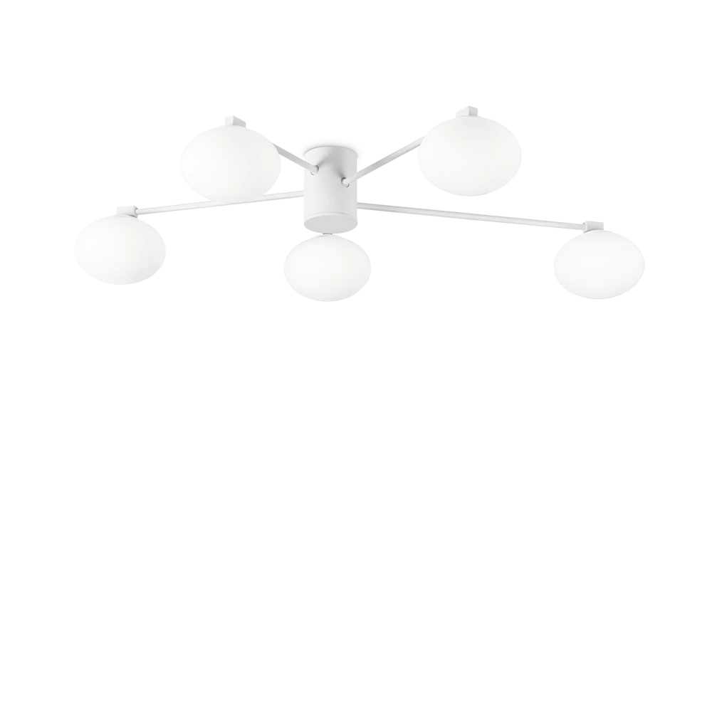 Plafoniera soffitto per interno 5 luci vetro soffiato bianca metallo