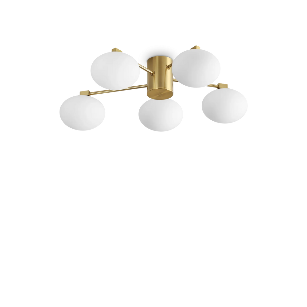 Plafoniera ottone satinato moderna 5 luci vetro bianco soffiato