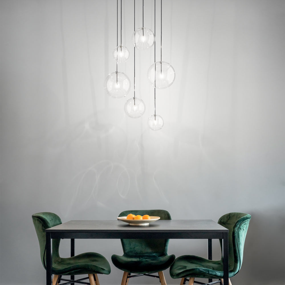 Sospensione in metallo ottone o cromo 6 luci sfere di vetro