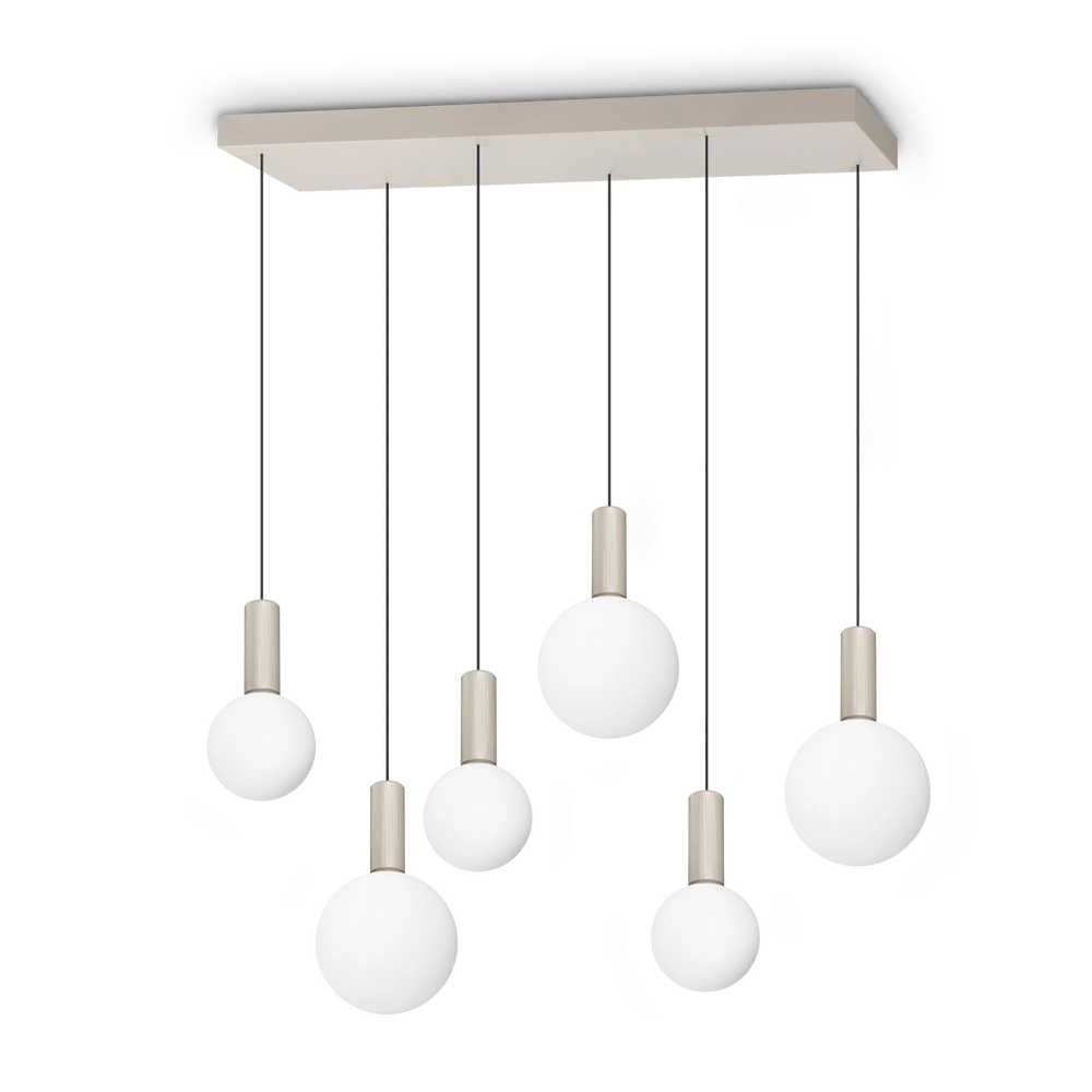 Sospensione lineare con 6 luci pendenti led vetro soffiato bianco