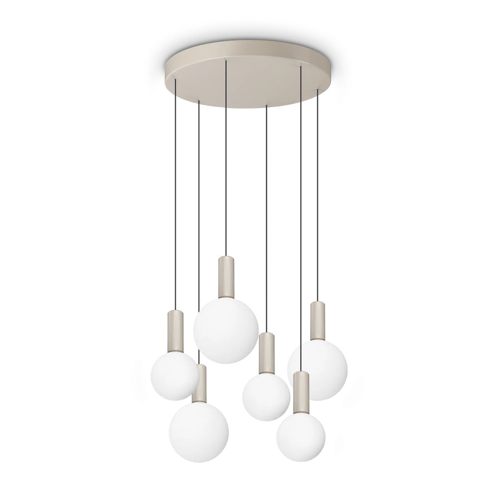 Sospensione circolare con 6 luci pendenti con vetro bianco soffiato