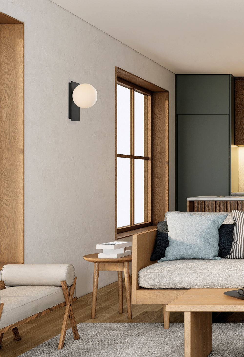 Applique da parete led nera con sfera di vetro opale