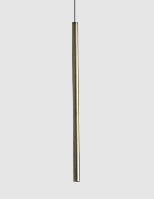 Moderne LED-Pendelleuchte in Schwarz, Gold und Messing, Durchmesser 1,6 cm.