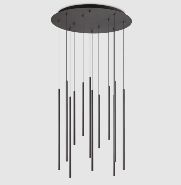 Sospensione led circolare con 12 pendenti in metallo ottone o nero