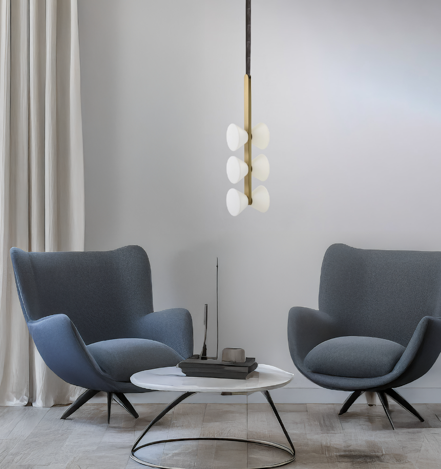 Pendelleuchte in gebürstetem Gold mit 6 LED-Leuchten, Höhe 160 cm