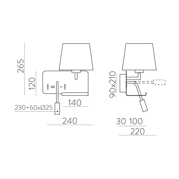 Applique per camera da letto con paralume e braccio flessibile