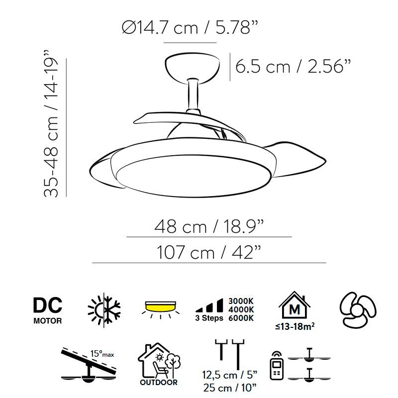 Leiser Deckenventilator, 20 m², Beleuchtungsset für geneigte Decken 